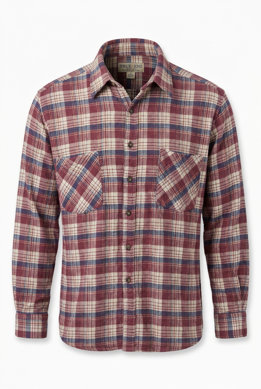 Trail's End Cream/Burgundy/Blue Plaid Flannel Cotton Large (L) Shirt